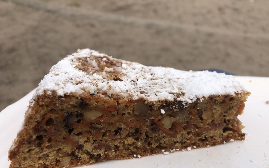 The carrot cake on offer at It’s Me in Kaiserslautern, Germany, on April 13, 2022. The cake was topped with chocolate, which was eaten before the photograph.