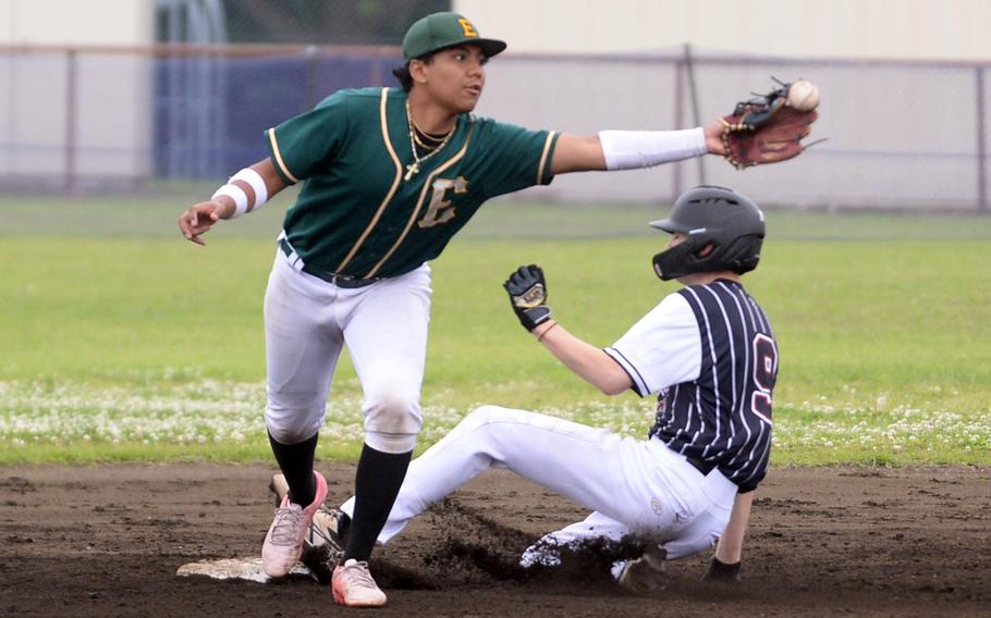 Zama's Spencer Huges slides into second base ahead of the throw to Edgren's Micah Magat.