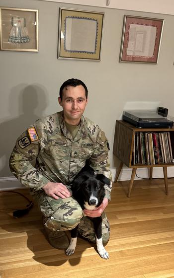 Nick Kingsley at home in Rhode Island with Puma, after they were reunited in April 2024.
