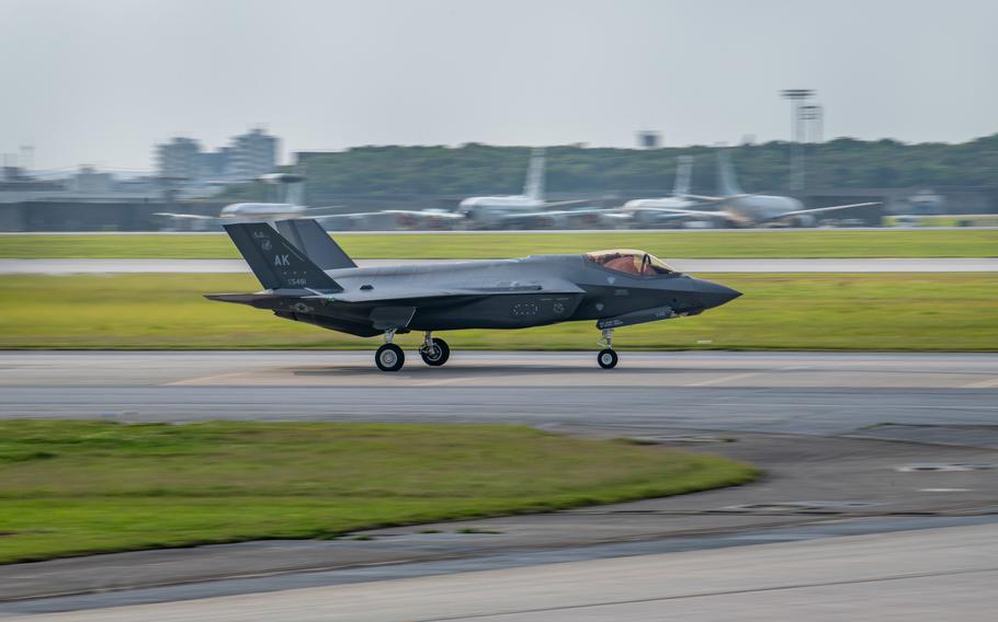 An F-35A Lightning II from Eielson Air Force Base, Alaska, lands at Kadena Air Base, Japan, March 28, 2023.