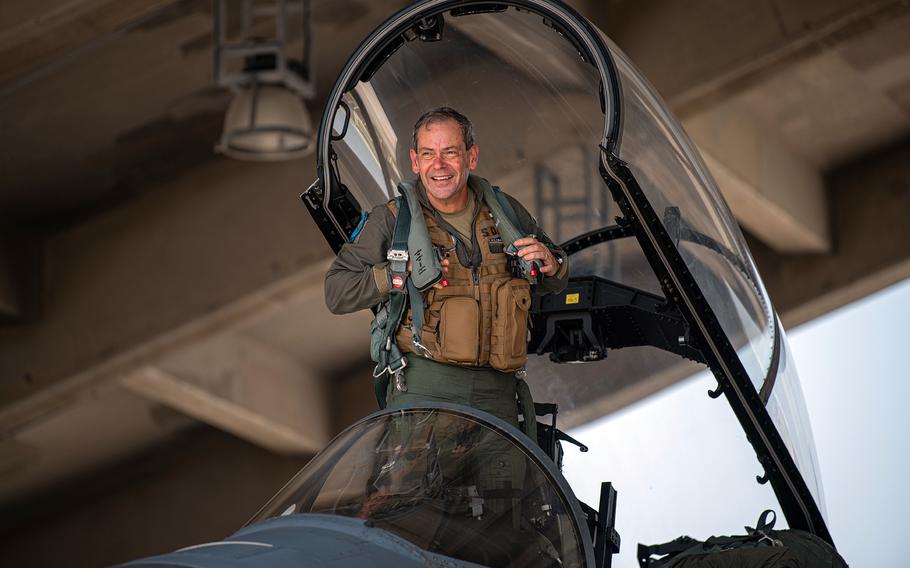 Pacific Air Forces commander Gen. Ken Wilsbach returns from a flight in an F-15D Eagle at Kadena Air Base, Okinawa, April 17, 2023.