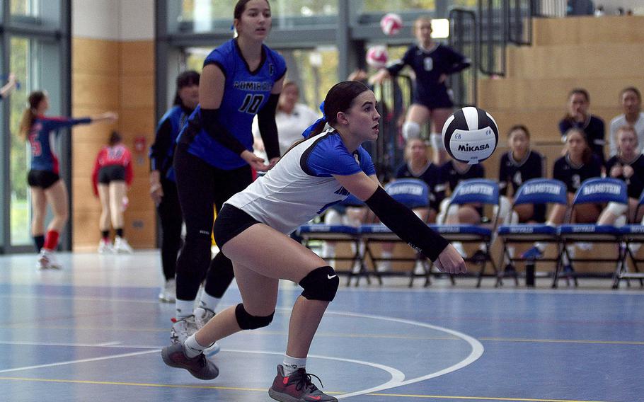 Rota libero Mary Kathryn Warkentien bumps the ball during the Admirals' match with Naples during pool-play action of the DODEA European volleyball championships on Oct. 26, 2023, at Ramstein High School on Ramstein Air Base, Germany.