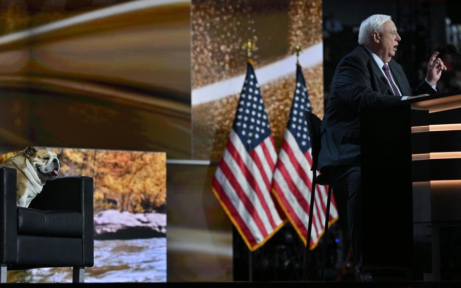 Babydog remains seated during Gov. Jim Justice's speech on Tuesday night. 
