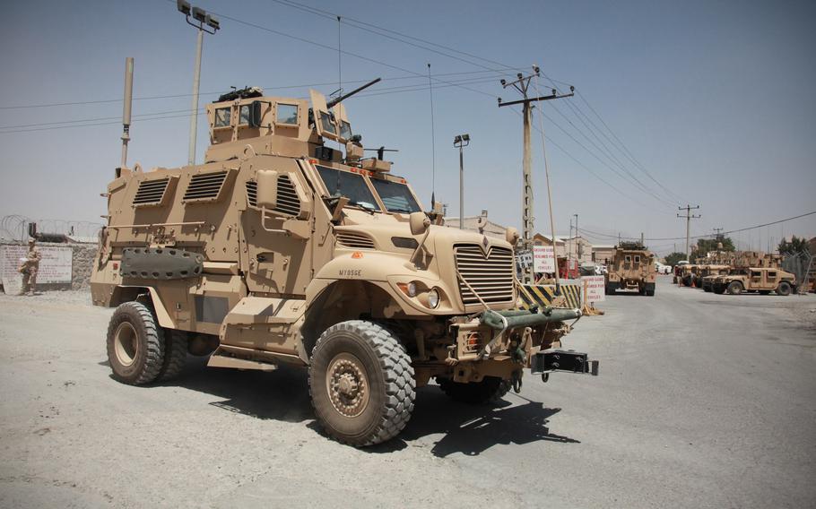 A Maxxpro Mine-Resistant Ambush Protected vehicle, manufactured by Navistar, heads out on patrol at Camp Phoenix, Afghanistan, July 28, 2009.