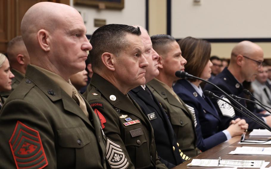 From left to right: Senior Enlisted Advisor to the Chairman of the Joint Chiefs of Staff Sgt. Maj. Troy E. Black; Sergeant Major of the Army Michael R. Weimer; Master Chief Petty Officer of the Navy James M. Honea; Sergeant Major of the Marine Corps Carlos A. Ruiz; Chief Master Sergeant of the Air Force Joanne S. Bass; and Chief Master Sergeant of the Space Force John F. Bentivegna at a House Armed Services Committee hearing on Jan. 31, 2024.