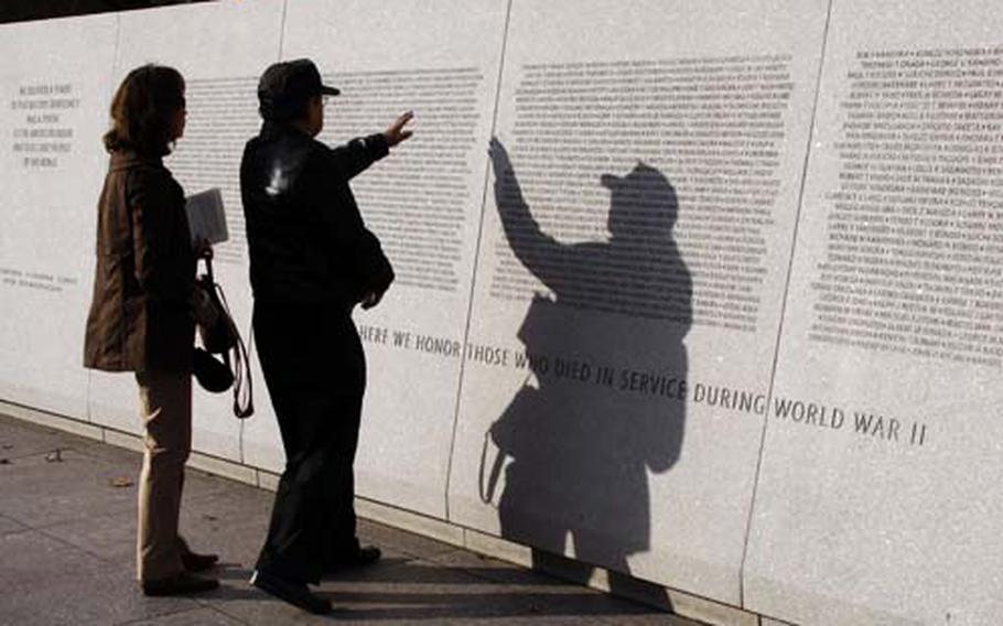 Two people point at a memorial