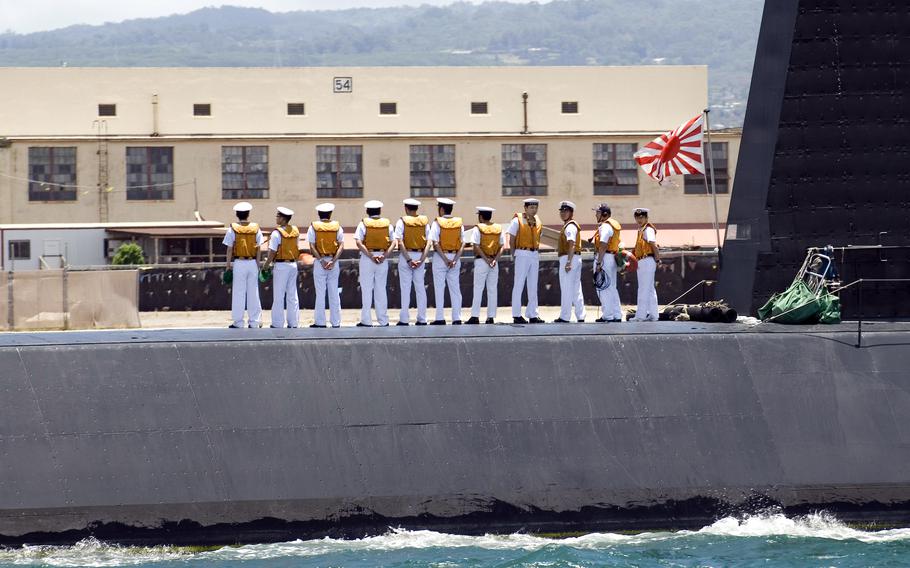 The JS Narushio, a Japan Maritime Self Defense Force submarine, arrives in Pearl Harbor, Hawaii, for Rim of the Pacific drills in 2008.
