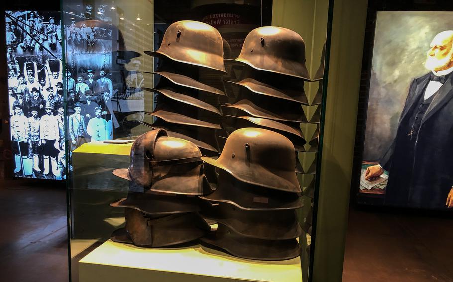 Steel helmets from WWI can be seen at Voelklingen Ironworks in Voelklingen, Germany. 