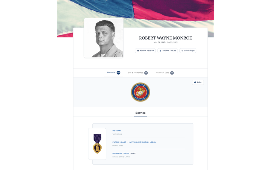 The Veterans Legacy Memorial offers individual web pages for each U.S. service member, such as the page shown here for Vietnam veteran Bob Monroe. Users can post tributes and upload images.