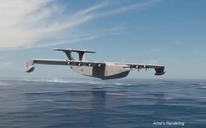 An artist’s rendering shows the Liberty Lifter ekranoplan concept developed for the Defense Advanced Research Projects Agency. The Liberty Lifter program, which was shut down in June, aimed to create a seaplane that has about the same capacity as the C-17A Globemaster III cargo aircraft and could fly just above the water's surface.