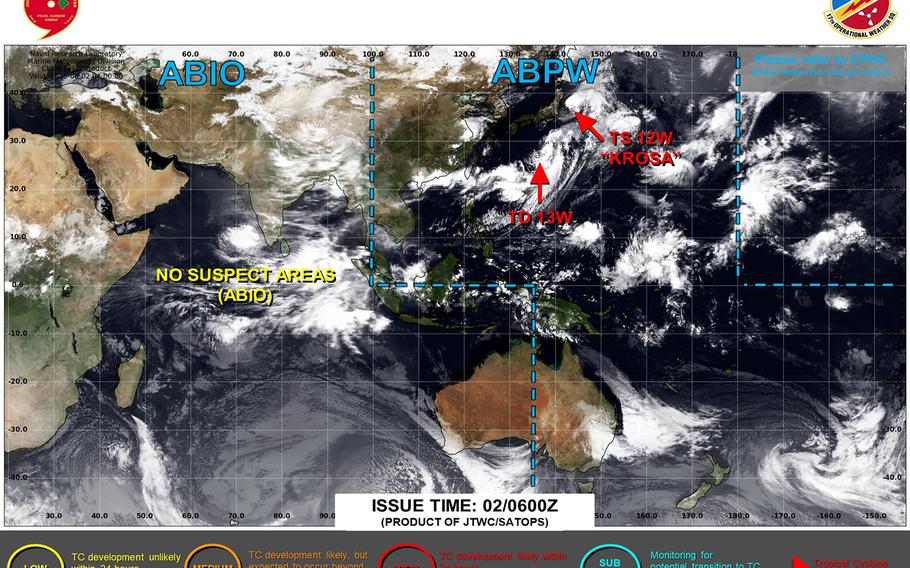 Tropical Depression 13W pops up on the map as Tropical Storm Krosa turns northeast away from the Kanto Plain. Yokosuka resumes seasonal TCCOR 5.