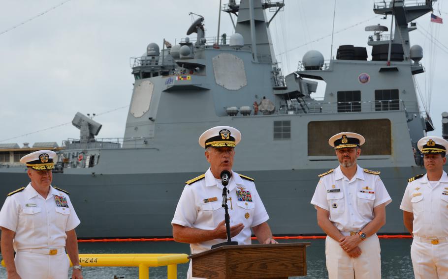 Vice Adm. Michael Boyle, commander of U.S. 3rd Fleet, speaks about the Rim of the Pacific exercise during a news conference July 8, 2022, at Joint Base Pearl Harbor-Hickam, Hawaii, with the South Korean destroyer ROKS Munmu the Great moored in the background.