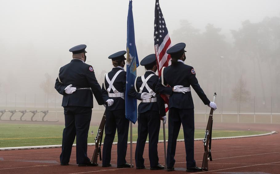 From left, James Barnes, Yunalesca Luke, Hannah San Pedro and Maurnice Ahavit make up the color guard that led a march at Kaiserslautern High School on Thursday, Nov. 11, 2021, to mark Veterans Day. 