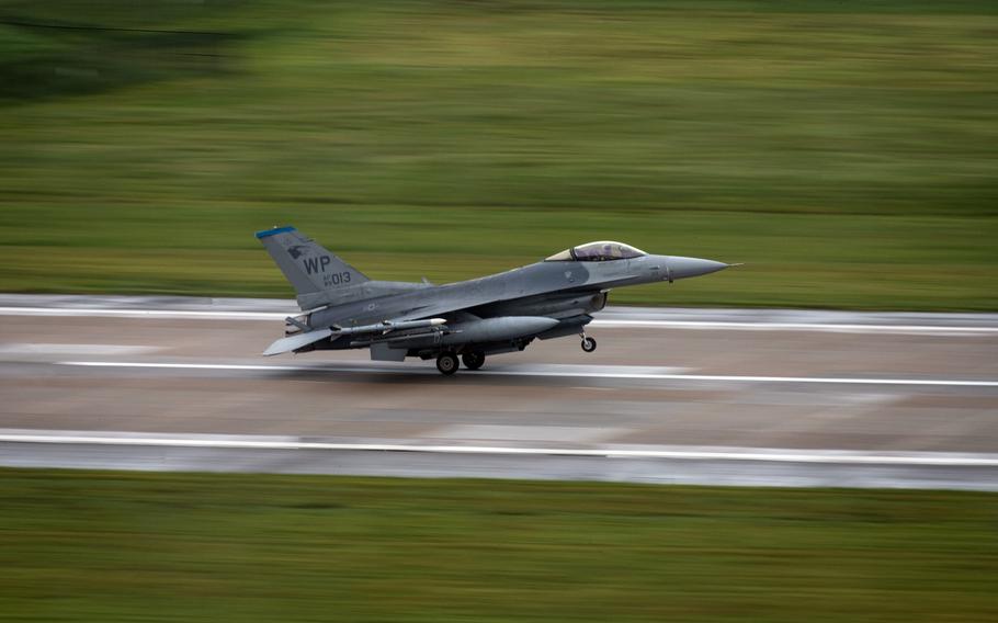 An F-16 Fighting Falcon assigned to the 35th Fighter Squadron lands on the new runway at Kunsan Air Base, South Korea, Aug. 30, 2023. 