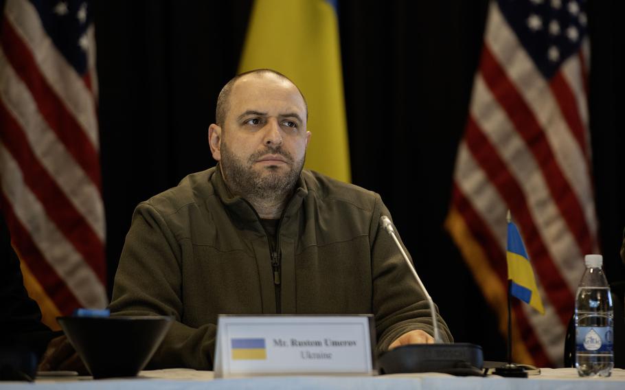 Rustem Umerov, Ukraine’s defense minister, listens to opening remarks by U.S. Defense Secretary Lloyd Austin during the Ukraine Defense Contact Group meetings at Ramstein Air Base, Germany, Tuesday, March 19, 2024. 