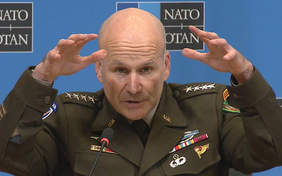 Army Gen. Christopher Cavoli, the NATO supreme allied commander, answers a question Jan. 18, 2024, at a news conference in Brussels.