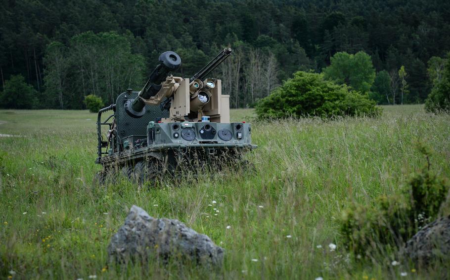 A Project Origin robotic combat vehicle drives across a demonstration area during exercise Combined Resolve 17 at the Joint Multinational Readiness Center in Hohenfels, Germany, June 8, 2022. Opposing Forces used the concept vehicle to challenge exercise participants during field maneuvers. 