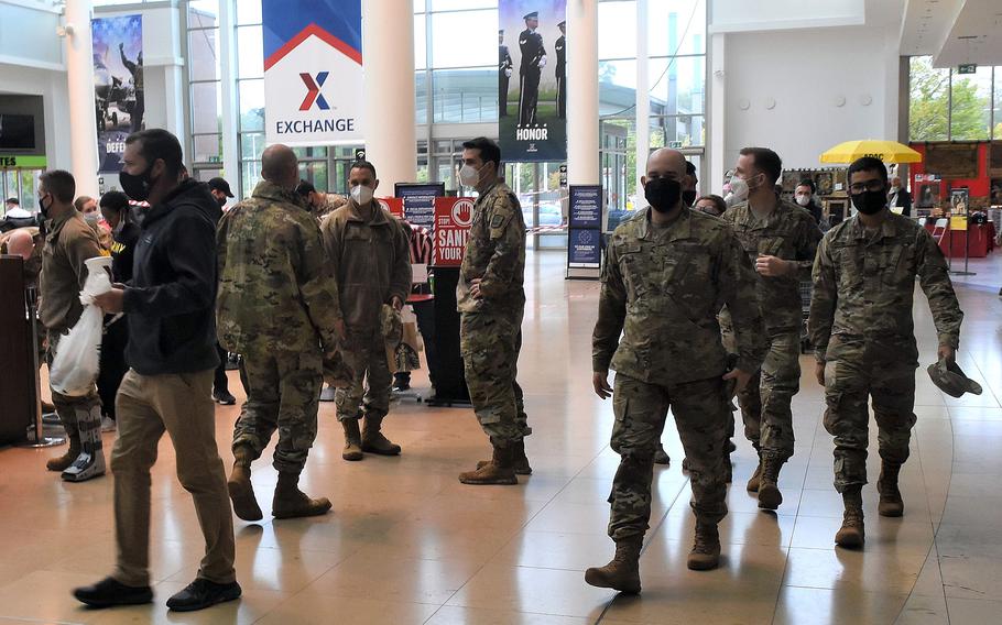 The Kaiserslautern, Germany-based 21st Theater Sustainment Command announced that masks are no longer required at U.S. military instillations under its purview, but may still be required in medical clinics, schools, child care centers and stores. Ramstein Air Base loosened its mask restrictions earlier in March, but still requires them at similar places, including the KMCC mall, seen here.
