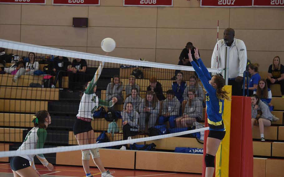 Alconbury’s Lorna Lee spikes the ball in a match against Sigonella on Thursday, Oct. 27, 2022.