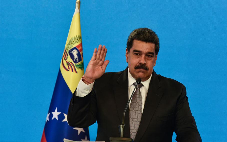 President of Venezuela Nicolas Maduro gestures as he speaks in a news conference at Miraflores Palace on Feb. 17, 2021 in Caracas, Venezuela. 