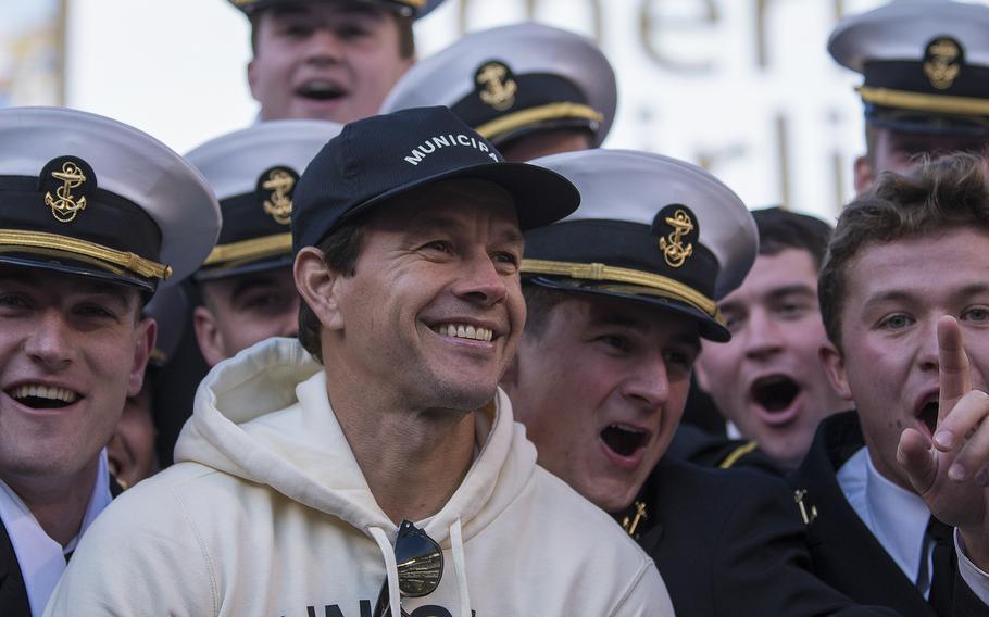 Actor Mark Wahlberg joins Navy Academy Midshipmen in the stands prior to the start of the annual Army-Navy football game at Philadelphia’s Lincoln Financial Field stadium on Saturday, Dec. 10, 2022.