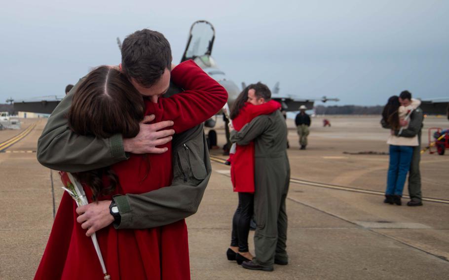 Aviators assigned to Strike Fighter Squadron (VFA) 87, “Golden Warriors,” reunite with loved ones after their homecoming flight to Naval Air Station Oceana, Jan. 15, 2024.