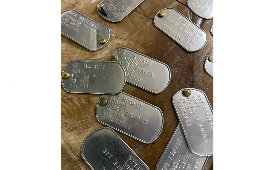 Dogs tags scattered on a table