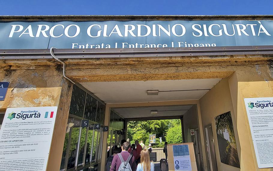 Visitors enter the Garden Park Sigurta in Valeggio sul Mincio, near Verona, Italy. The park has received many national and European awards for its beauty. 