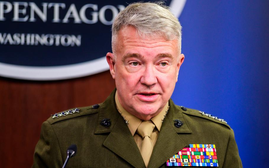 In an April 22, 2021 photo, U.S. Marine Corps Gen. Kenneth McKenzie, commander of U.S. Central Command, speaks with members of the press from the Pentagon Press Briefing Room.