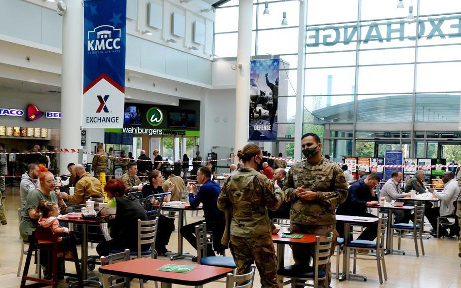 U.S. personnel visit the mall food court during lunchtime at Ramstein Air Base in October 2020. Service members may have more lunch options because of a new policy that allows them to eat off base in uniform.