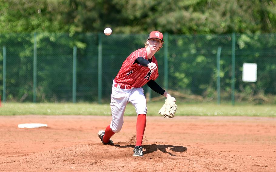 Game 1 Kaiserslautern starter Bryant Lokey pitches against SHAPE on May 11, 2024, at Pulaski Park in Kaiserslautern, Germany.
