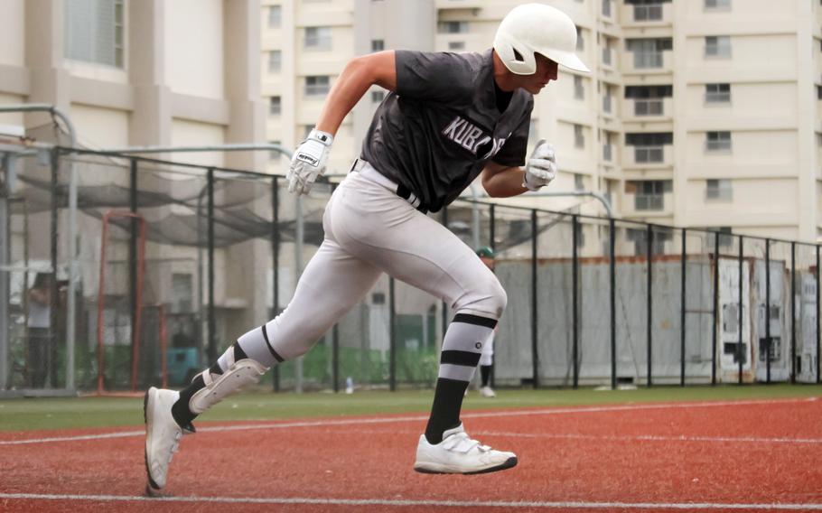 Kubasaki's Asher Romnek hit a solo home run against Kadena.