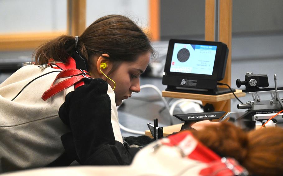 Vilseck’s Rheanna Salo concentrates on her breathing before starting the prone shooting position during the DODEA-Europe marksmanship competition at Vilseck High School on Dec. 9, 2023. 