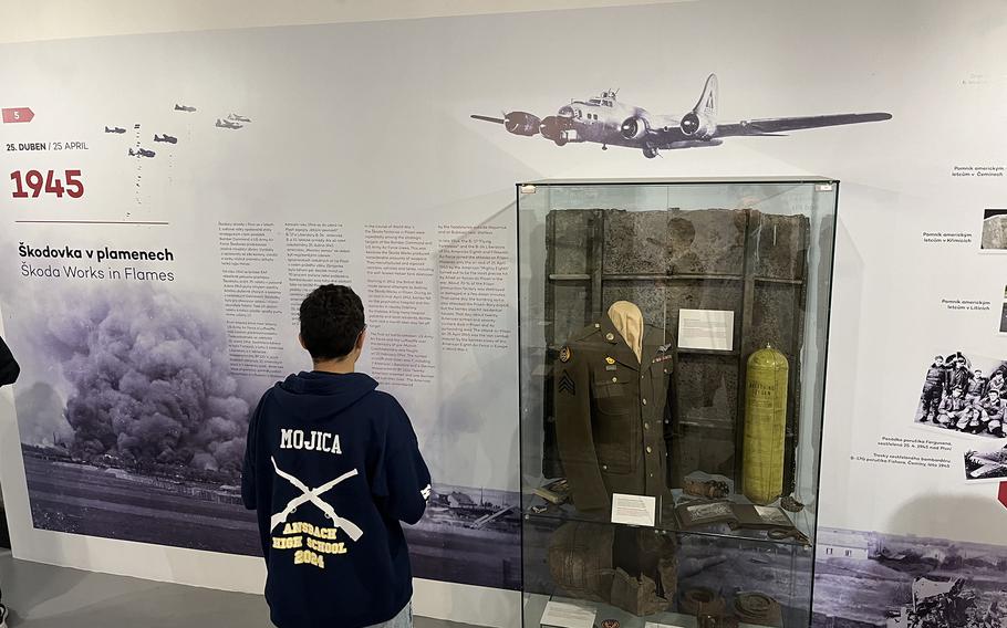 An American student from Ansbach High School learns about the U.S. military's liberation of Pilsen, Czech Republic, during a visit to the Patton Memorial museum on Saturday, May 4, 2024.