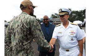 Rear Adm. Joshua Lasky greets a Navy corpsman in Limon, Costa Rica, July 22, 2024, Lasky took command of Joint Task Force-Micronesia on May 15, 2025. 

