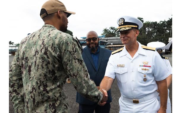 Rear Adm. Joshua Lasky greets a Navy corpsman in Limon, Costa Rica, July 22, 2024, Lasky took command of Joint Task Force-Micronesia on May 15, 2025. 

