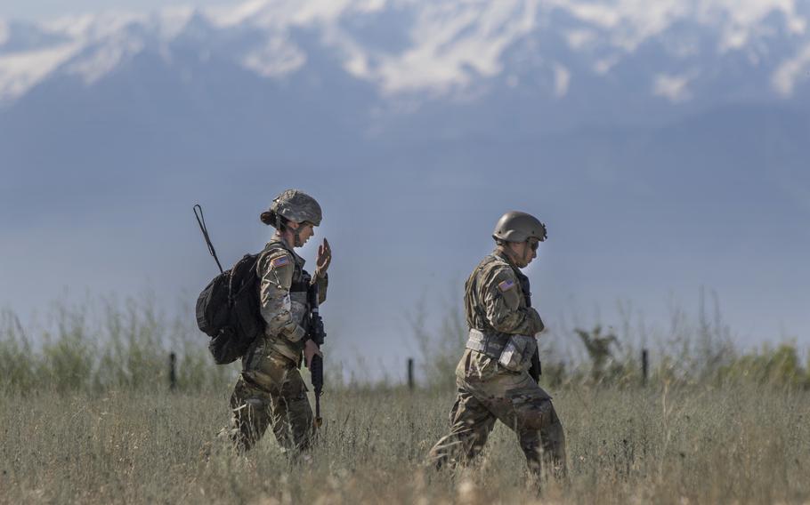 Arizona Army National Guard soldiers with 1st Battalion, 158th Infantry Regiment, conduct a patrol during Exercise Steppe Eagle 19 at Chilikemer Training Area near Almaty, Kazakhstan, in June 2019.  U.S. Central Command has troops stationed or deployed from Egypt in the west to Kazakhstan in the east.
