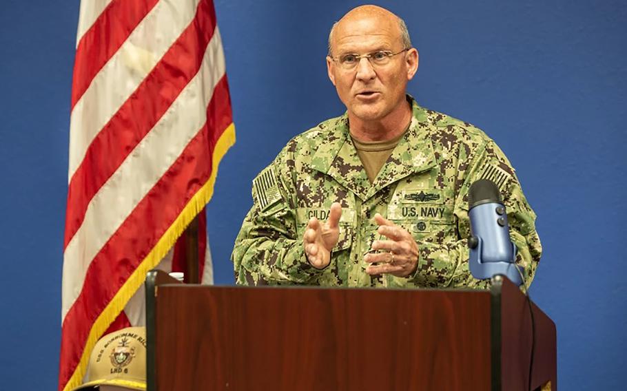 Chief of Naval Operations Adm. Mike Gilday holds a news conference at Naval Base San Diego in July 2020. 