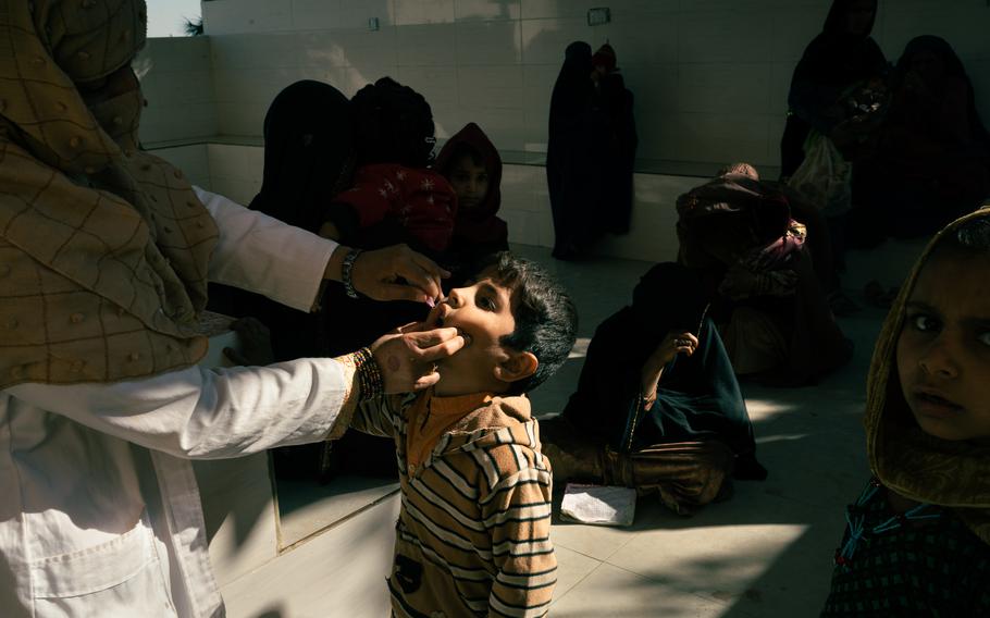 Fereshta, a health worker in her 30s, administers a polio vaccine to a boy at the main clinic in Achin district, Nangahar province, a stronghold of poliovirus in Afghanistan, on Nov. 12, 2023. 