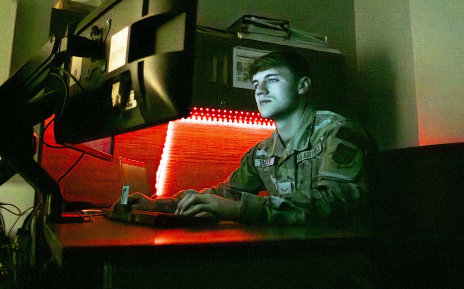 Airman Tyler Shipley, a cyber systems specialist with the 121st Air Refueling Wing, works on a computer April 7, 2024, at Rickenbacker Air National Guard Base in Columbus, Ohio. 