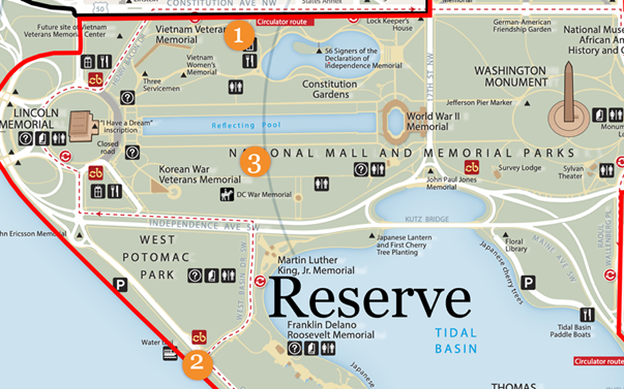 This graphic shows three locations in Washington, D.C., where organizers of the Global War on Terrorism Memorial Foundation prefer for a new memorial honoring post-9/11 veterans. For the memorial to be placed in the “reserve” area of the National Mall, Congress must approve an exemption to a 2003 law that prohibits more development in the space. 