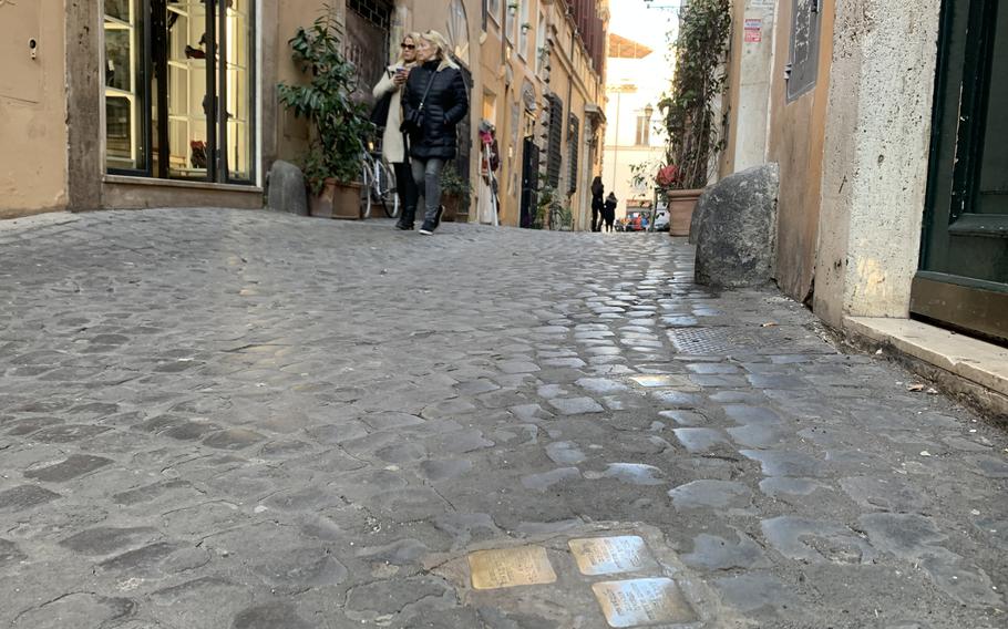 Bronze stumbling stones in memorial to Roman Jews murdered in the Holocaust are seen throughout Rome's Jewish Ghetto and in other parts of the city.