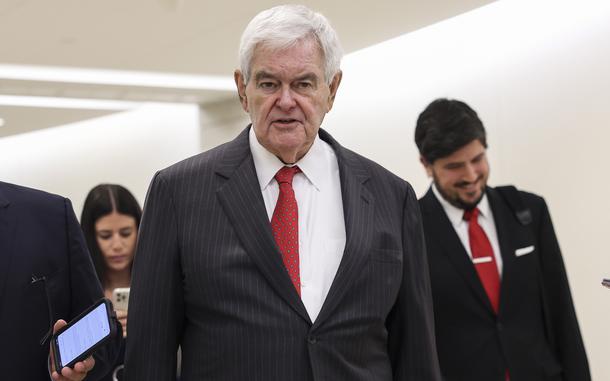 Newt Gingrich in a pinstriped suit and red tie.