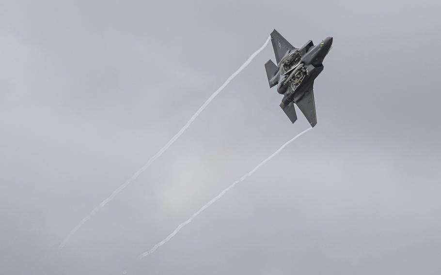 The F-35A Lightning II performs aerial acrobatics at Joint Base San Antonio-Randolph, Texas, for The Great Texas Airshow, Saturday, April 6, 2024. 