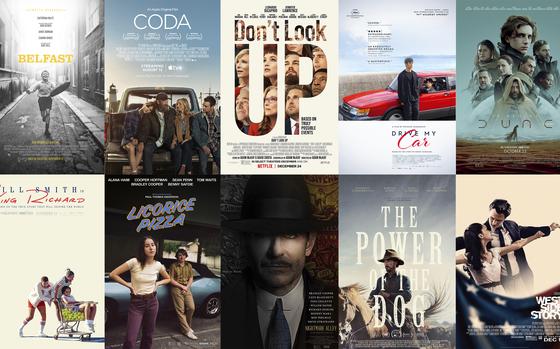 This combination of photos shows promotional art for the films nominated for an Oscar for best picture, top row from left, "Belfast," "CODA," Don't Look Up," Drive My Car," Dune," bottom row from left, "King Richard," Licorice Pizza," "Nightmare Alley," "The Power of the Dog," and "West Side Story." 
