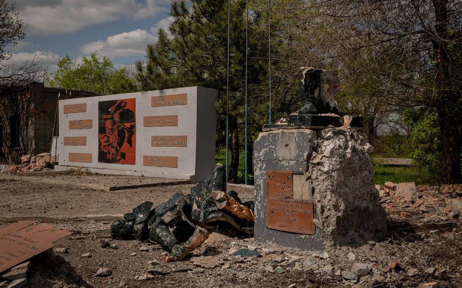 A monument dedicated to the Soviet soldiers who died during World War II is seen destroyed by shelling from approximately a week earlier, in Zaporizhzhia Oblast, Ukraine, on Wednesday, May 11, 2022.