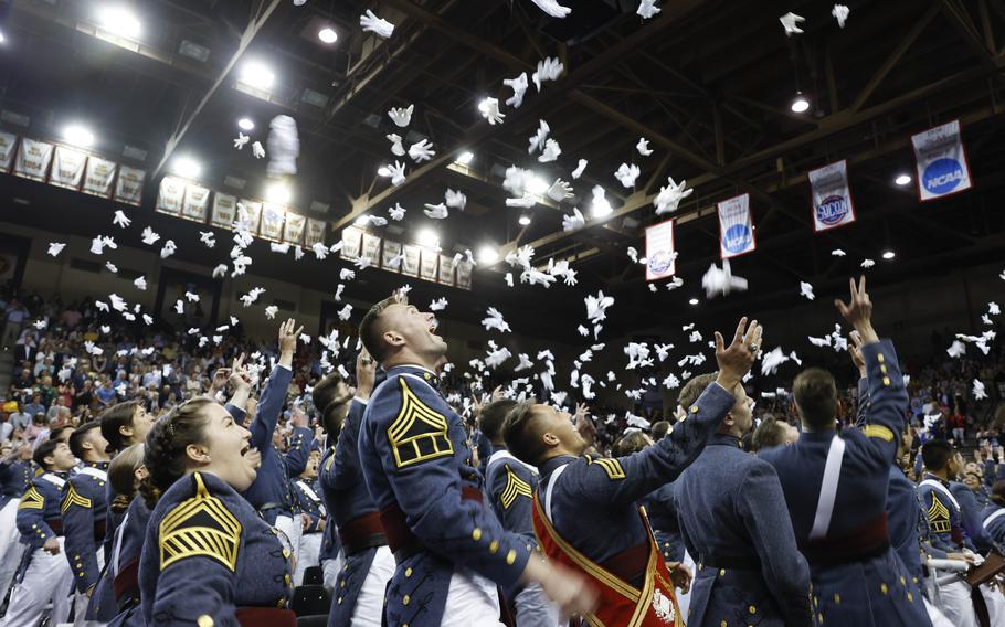 Members of the Class of 2023 celebrate their graduation from VMI on Tuesday.