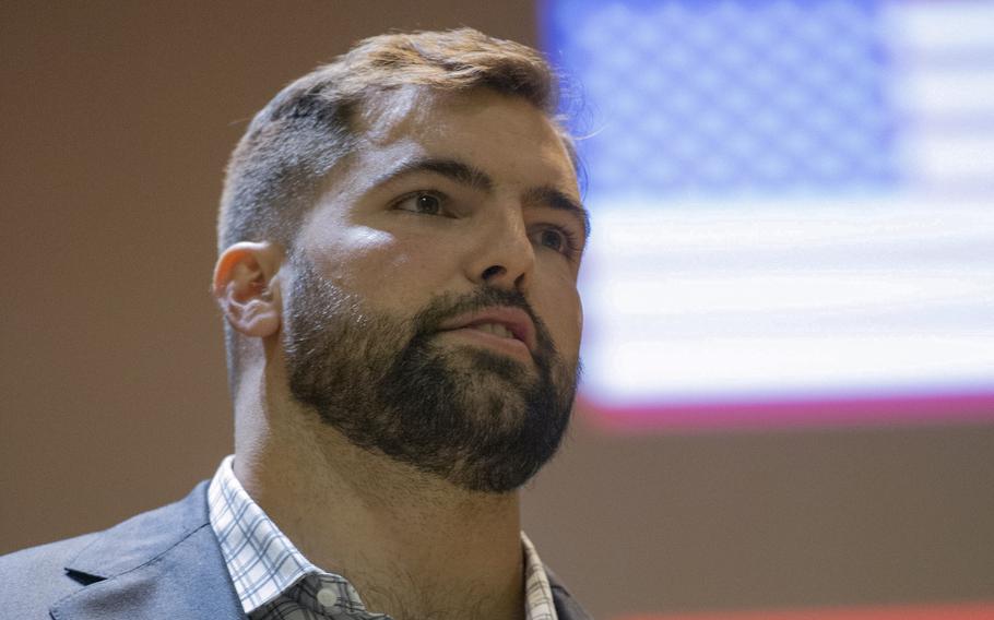 Alejandro Villanueva, a former member of the 75th Ranger Regiment, delivers a speech at MacDill Air Force Base, Fla., on Feb. 2, 2019. 