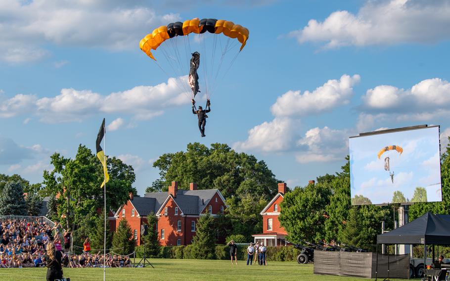 Soldiers with the Golden Knights U.S. Army Parachute Team perform a precision parachute drop during the celebration of the 249th Army Birthday at Summerall Field, Joint Base Myer-Henderson Hall, Va., June 14, 2024. 
