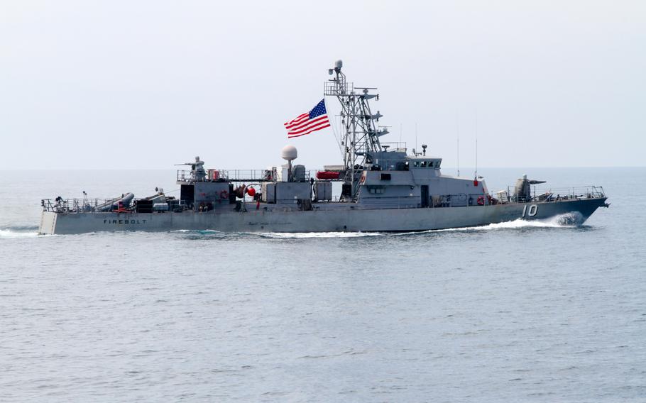 The USS Firebolt, a U.S. 5th Fleet coastal patrol ship, in the Persian Gulf in 2014. Coast Guard Petty Officer 3rd Class Nathan Bruckenthal, Navy Petty Officer 1st Class Michael Pernaselli and Navy Petty Officer 2nd Class Christopher Watts were killed in a suicide bombing in a 2004 attack during a routine patrol aboard the Firebolt in the Persian Gulf. 